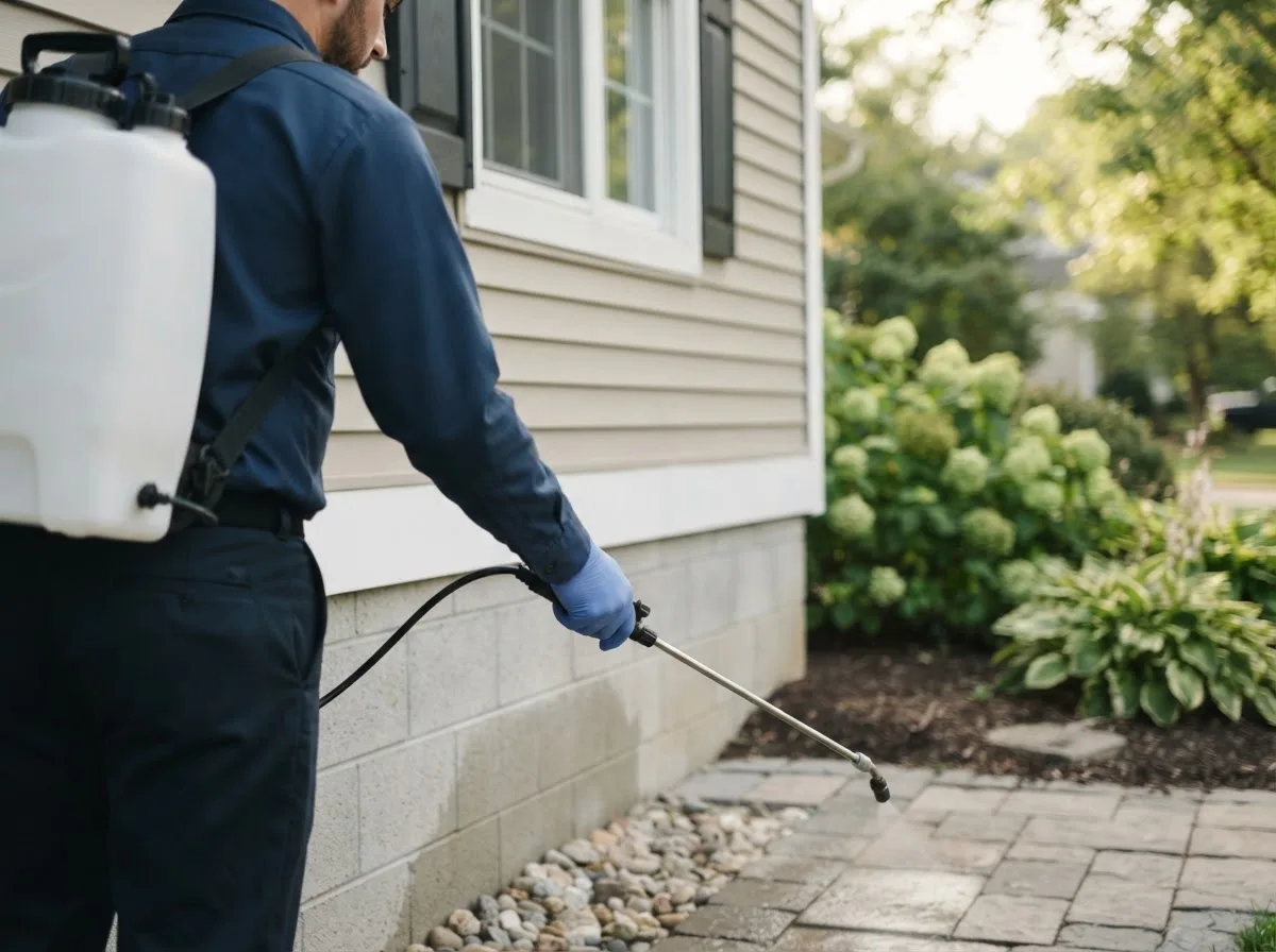 Pest control technician inspecting a home in Hubertus, WI
